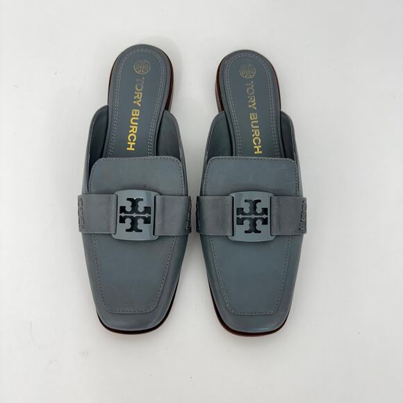 Tory Burch Georgia Leather Loafer Backless Mules in Light Blue Gray Logo 9.5 M - Picture 3 of 13